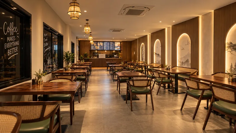 Cafe Amara seating: wooden tables, cane chairs and arched wall lights