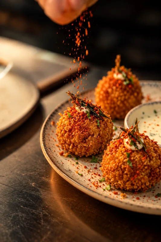 Crisp fried crumbed balls topped with spice powder and garnish