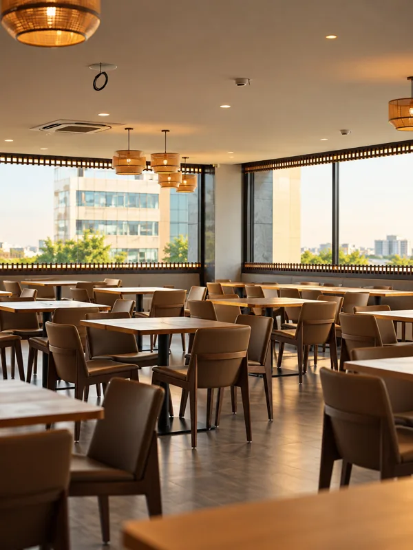Dining hall with wooden tables, woven pendant lamps and large windows