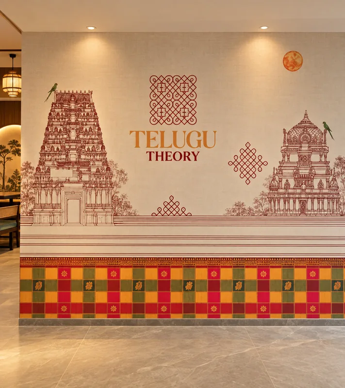 Telugu Theory signature wall: the logo on a hand-painted temple mural above a kolam-pattern border